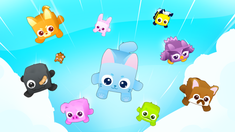 Pets Universe key art: a blue cube cat surrounded by other collectible cube pets against a cyan sky