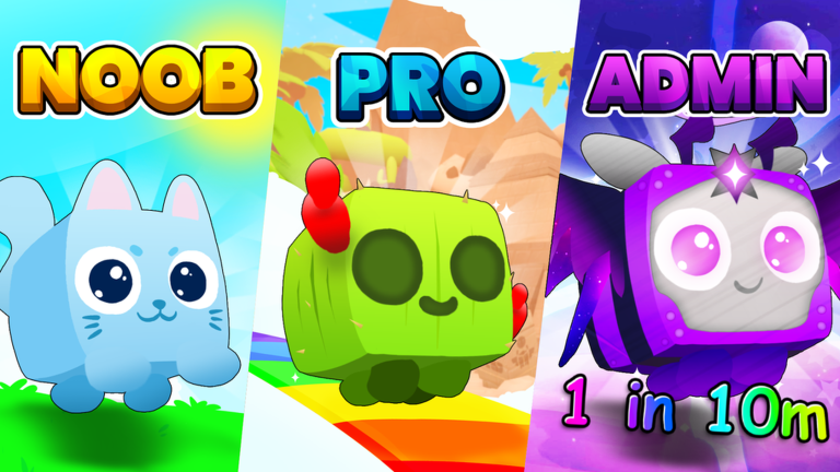 Pets Universe pet progression shown across NOOB, PRO and ADMIN tiers